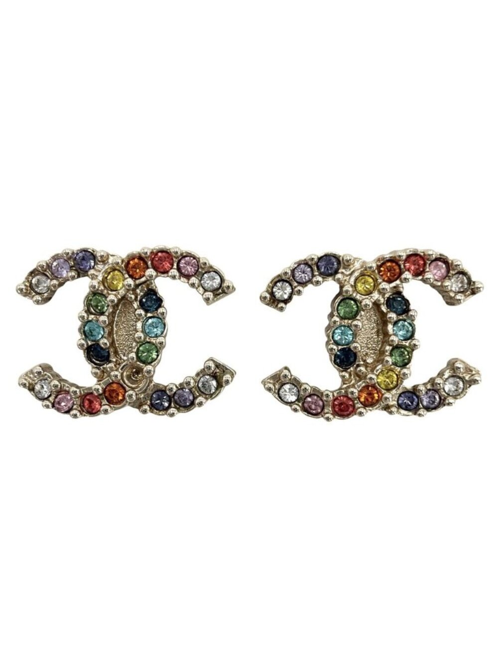 Chanel Earrings CC Logo Rhinestone Rainbow Gold Plated